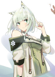 1girl absurdres amiya_(arknights) animal_ear_fluff animal_ears arknights breasts brown_collar cat_ears chichi_guai chinese_commentary closed_mouth collar dress green_dress green_eyes highres index_finger_raised jewelry kal&#039;tsit_(arknights) looking_to_the_side medium_breasts o-ring off-shoulder_dress off_shoulder pendant short_hair silver_hair simple_background solo_focus strap upper_body white_background