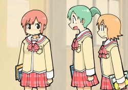 Rule 34 | 3girls, a-king, black outline, blonde hair, blush, book, brown eyes, closed mouth, fecchan, holding, holding book, indoors, looking at another, multiple girls, neckerchief, nichijou, open mouth, outline, pencil case, plaid, plaid skirt, pleated skirt, red neckerchief, red skirt, sailor collar, school uniform, short hair, short ponytail, skirt, smile, sweatdrop, tachibana misato, tokisadame school uniform, weboshii, white sailor collar, window