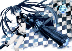 Rule 34 | 10s, 1girl, absurdres, arm cannon, bad id, bad pixiv id, belt, bikini, bikini top only, black hair, black rock shooter, black rock shooter (character), blue eyes, boots, coat, gingami, glowing, glowing eyes, highres, long hair, midriff, navel, pale skin, samegami, scar, shorts, solo, swimsuit, twintails, very long hair, weapon