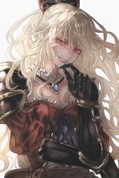Rule 34 | 1girl, arm across waist, armor, black gloves, blonde hair, blue gemstone, bow, breasts, cleavage, collar, collarbone, detached sleeves, dress, elbow gloves, finger to own chin, frilled collar, frilled dress, frills, gauntlets, gem, gloves, granblue fantasy, grin, hair bow, hand up, highres, long hair, looking at viewer, medium breasts, muramitsu (d3jgv), neck ribbon, pauldrons, ponytail, red dress, red eyes, ribbon, shoulder armor, simple background, smile, solo, upper body, vira (granblue fantasy), white background