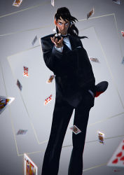 Rule 34 | 1boy, black bow, black bowtie, black hair, black suit, bow, bowtie, card, dice, etama quomo, feet out of frame, formal, hand in pocket, itou kaiji, kaiji, long hair, long sleeves, looking at viewer, male focus, shirt, signature, solo, suit, white shirt