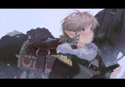 Rule 34 | 1boy, absurdres, animal, armor, black gloves, black shirt, blue eyes, blush, breath, earrings, gloves, grey hair, highres, holding, horse, jewelry, letterboxed, link, looking afar, male focus, nintendo, nose blush, pointy ears, ponytail, saddle, sanyang003, shirt, shoulder armor, sidelocks, single glove, snow, snow on head, solo, the legend of zelda, upper body
