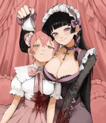 Rule 34 | 2girls, bed, black hair, blood, blood on clothes, bloody clothes, bloody dress, bow, bow hairband, bowtie, breast press, breasts, canopy bed, choker, cleavage, collared shirt, cross, cross choker, cup, double-parted bangs, double bun, dress, frilled hairband, frilled pillow, frilled straps, frills, gakudayo, hair bun, hairband, highres, hime cut, holding, holding cup, large breasts, long hair, looking at viewer, looking to the side, medium breasts, multicolored hair, multiple girls, nervous sweating, original, pillow, pink bow, pink bowtie, pink hair, pink skirt, pleated skirt, pouring onto another, puffy short sleeves, puffy sleeves, purple dress, purple hair, shirt, short sleeves, skirt, smile, streaked hair, sweat, tea, teacup, two-tone hair, very long hair, white shirt