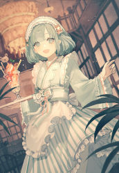 Rule 34 | 1girl, :d, absurdres, apron, blush, bob cut, chandelier, dress, flat chest, grey dress, grey eyes, grey hair, hairband, highres, indoors, lolita fashion, lolita hairband, looking at viewer, maid, maid apron, maid headdress, open mouth, original, pantyhose, parfait, senryoko, short hair, smile, solo, standing, striped clothes, striped dress, wa maid, waitress, white pantyhose, wide sleeves, wind, wind lift