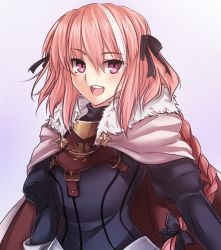 Rule 34 | 1boy, adapted costume, armor, astolfo (fate), bow, braid, breastplate, cape, fate/apocrypha, fate (series), hair bow, long hair, low-tied long hair, male focus, open mouth, pink hair, purple eyes, simple background, single braid, smile, solo, trap, tusia