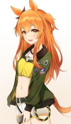 Rule 34 | 1girl, absurdres, animal ears, bow, commentary request, ear ribbon, green jacket, highres, horse ears, horse girl, horse tail, jacket, long hair, looking at viewer, mayano top gun (umamusume), midriff, navel, okey, open mouth, orange hair, shorts, solo, tail, umamusume, white shorts, yellow eyes