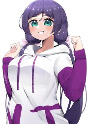 Rule 34 | 1girl, :d, aqua eyes, blush, breasts, clenched hands, commentary request, cowboy shot, grin, hair between eyes, hair ribbon, highres, hood, hoodie, kooei, large breasts, long hair, looking at viewer, love live!, love live! school idol project, low twintails, open mouth, parted bangs, pink ribbon, purple hair, purple sleeves, raglan sleeves, ribbon, simple background, smile, solo, tojo nozomi, twintails, very long hair, w arms, white background, white hoodie