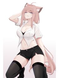 Rule 34 | 1girl, absurdres, ahoge, animal ear fluff, animal ears, black shorts, black thighhighs, blue eyes, breasts, fang, fang out, gradient background, grey background, grey hair, highres, kneeling, large breasts, long hair, looking at viewer, midriff, navel, neko (solution1988), no shoes, original, shirt, short shorts, shorts, smile, solo, stomach, thighhighs, thighs, very long hair, white background, white shirt
