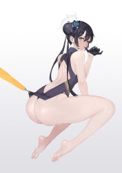 Rule 34 | 1girl, ass, back, bare legs, bare shoulders, barefoot, black dress, black eyes, black gloves, black hair, black panties, blue archive, bobobong, braid, braided bun, china dress, chinese clothes, coat, double bun, dress, feet, gloves, hair bun, halo, highres, kisaki (blue archive), legs, looking at viewer, looking back, no shoes, panties, shoulder blades, soles, striped, striped coat, thighs, toes, umbrella, underwear, vertical-striped coat