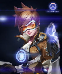 Rule 34 | 1girl, artist name, black gloves, bomber jacket, brown eyes, brown hair, brown jacket, chest harness, closed mouth, copyright name, dated, gloves, goggles, gun, harness, holding, holding gun, holding weapon, jacket, leather, leather gloves, lucia hsiang, nose, orange goggles, overwatch, overwatch (logo), overwatch 1, short hair, smile, solo, spiked hair, tracer (overwatch), upper body, weapon