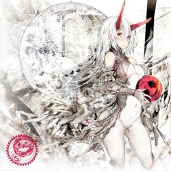Rule 34 | 1girl, album cover, bare shoulders, bodysuit, cover, covered navel, detached sleeves, gloves, horns, impossible clothes, long hair, looking at viewer, navel, orb, original, red eyes, rib:y(uhki), smile, solo, white hair