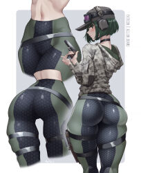 Rule 34 | 1girl, absurdres, aelion draws, ass, black choker, camouflage, camouflage jacket, choker, commentary, ela (rainbow six siege), english commentary, from behind, goggles, goggles on headwear, green eyes, green hair, grey background, grey headwear, grey jacket, gun, handgun, hat, headphones, highres, holding, holding gun, holding weapon, hood, hooded jacket, jacket, looking at viewer, looking back, multiple views, navel, patreon username, rainbow six siege, short hair, simple background, stomach, two-tone background, weapon, white background