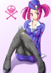 Rule 34 | 1girl, black footwear, black pantyhose, duel monster, fang, fang out, full body, gloves, hat, legs, looking at viewer, ozaneko, pantyhose, pink eyes, pink hair, pointy ears, print pantyhose, shoes, short hair, short twintails, sidelocks, sitting, skirt, skirt set, skull, skull print, smile, solo, tour guide from the underworld, twintails, white gloves, yu-gi-oh!