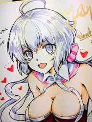 Rule 34 | 10s, 1girl, :d, absurdres, ahoge, bare shoulders, breasts, cleavage, cleavage cutout, clothing cutout, commentary request, hair between eyes, heart, highres, hinahime, large breasts, long hair, looking at viewer, marker (medium), open mouth, photo (medium), purple hair, senki zesshou symphogear, shikishi, smile, solo, traditional media, twintails, yukine chris