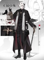 Rule 34 | 1boy, :|, absurdres, barbell piercing, belt, belt pouch, bird, bird wings, birdcage, black belt, black capelet, black coat, black footwear, black gloves, black hair, black necktie, black pants, black wings, cage, cane, capelet, closed mouth, coat, color guide, cross, cross necklace, crow, earrings, expressionless, eyewear strap, full body, glasses, gloves, grey shirt, hair ornament, hair over one eye, hair ribbon, hanami haru, harness, high-waist pants, highres, holding, holding cage, holding cane, jewelry, long sleeves, looking at viewer, low wings, male focus, mini wings, mole, mole under eye, mole under mouth, multicolored hair, multiple moles, multiple wings, necklace, necktie, open clothes, open coat, original, pants, piercing, pointy ears, pouch, puppet, red eyes, ribbon, ring, round eyewear, scar, scar on face, scar on forehead, shirt, shoes, short hair, solo, standing, stole, streaked hair, stud earrings, thigh strap, white hair, wing hair ornament, wings, x hair ornament, yellow-framed eyewear, zoom layer