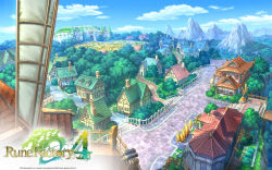 Rule 34 | 10s, 2013, blue sky, bridge, cloud, copyright name, day, english text, farm, field, flower, highres, house, logo, mountain, no humans, official art, official wallpaper, rune factory, rune factory 4, scenery, sky, stairs, tree, wallpaper, watermark