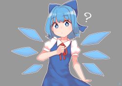 Rule 34 | 1girl, :/, ?, absurdres, blue dress, blue eyes, blue hair, bright pupils, cirno, closed mouth, commentary request, dress, flat chest, grey background, highres, ice, ice wings, looking at viewer, outline, puffy short sleeves, puffy sleeves, red neckwear, red ribbon, ribbon, short hair, short sleeves, simple background, solo, touhou, upper body, white outline, white pupils, wings, zanasta0810