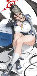 Rule 34 | 1girl, absurdly long hair, absurdres, black choker, black hair, blue archive, blue footwear, blue jacket, blue shorts, blush, breasts, choker, closed mouth, crossed legs, eucha, gym uniform, halo, hasumi (blue archive), hasumi (track) (blue archive), highres, huge breasts, jacket, large wings, long hair, mole, mole under eye, official alternate costume, partially unzipped, ponytail, red eyes, shirt, shoes, shorts, sitting, sneakers, socks, track jacket, very long hair, whistle, whistle around neck, white background, white shirt, white socks