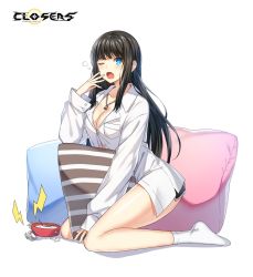 Rule 34 | 1girl, ;o, alarm clock, bare legs, black hair, black shorts, blue eyes, breast pocket, breasts, chair, cleavage, clock, closers, collarbone, collared shirt, hand up, highres, jewelry, kneeling, large breasts, lightning bolt symbol, long hair, looking at viewer, necklace, office chair, official art, one eye closed, open mouth, partially unbuttoned, pillow, pocket, shirt, short shorts, shorts, socks, solo, swivel chair, thighs, white shirt, white socks, yuri seo