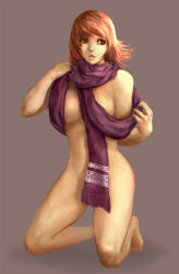 Rule 34 | 1girl, bad id, bad pixiv id, breasts, censored, convenient censoring, dorsiflexion, knees apart feet together, matching hair/eyes, medium breasts, minoo, naked scarf, nude, orange eyes, orange hair, original, scarf, scarf over breasts, solo
