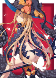 Rule 34 | 1girl, abigail williams (fate), abigail williams (second ascension) (fate), arched back, ass, asymmetrical legwear, black bow, black hat, black panties, black thighhighs, blonde hair, bow, bug, butterfly, commentary request, fate/grand order, fate (series), fingernails, grin, hat, hat bow, highres, insect, keyhole, long hair, looking at viewer, looking back, orange bow, panties, parted bangs, red background, red eyes, revealing clothes, sharp teeth, sitting, smile, solo, stuffed animal, stuffed toy, suction cups, teddy bear, teeth, tentacles, thighhighs, topless, two-tone background, underwear, uneven legwear, v-shaped eyebrows, very long hair, white background, witch hat, yurix