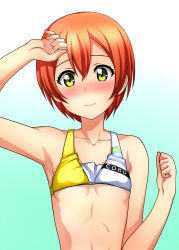 Rule 34 | 10s, 1girl, arm up, armpits, bikini, blush, breasts, clothes writing, collarbone, gradient background, hair between eyes, highres, hoshizora rin, kenken, love live!, love live! school idol festival, love live! school idol project, multicolored stripes, nose blush, orange hair, short hair, small breasts, solo, striped bikini, striped clothes, swimsuit, underboob, upper body, yellow eyes