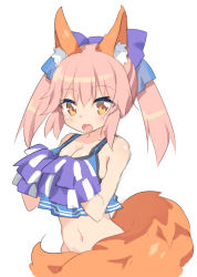 Rule 34 | 10s, 1girl, :o, animal ear fluff, animal ears, bare arms, bare shoulders, blush, breasts, brown eyes, cheerleader, cleavage, craytm, crop top, fang, fate/extra, fate (series), fox ears, fox girl, fox tail, groin, hair between eyes, hands up, highres, holding, long hair, medium breasts, navel, open mouth, pink hair, pom pom (cheerleading), simple background, solo, tail, tamamo (fate), tamamo no mae (fate/extra), twintails, white background