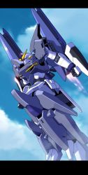 Rule 34 | aqua eyes, clenched hands, flying, g.yamamoto, gundam, gundam advanced tertium, gundam build divers, gundam build divers re:rise, gundam tertium, highres, letterboxed, looking up, mecha, mobile suit, no humans, robot, science fiction, sky, solo, thrusters, v-fin