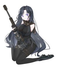 Rule 34 | 1girl, :o, absurdres, apex legends, black bodysuit, black capelet, black dress, black footwear, black hair, blue eyes, bodysuit, breasts, capelet, chinese commentary, dress, gun, headset, highres, holding, holding gun, holding weapon, large breasts, long hair, looking to the side, open mouth, personification, qiu ri, rifle, sentinel esr, sitting, skindentation, sniper rifle, solo, thighlet, very long hair, wariza, weapon, white background