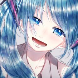 Rule 34 | 1girl, :d, blue eyes, blue hair, collarbone, earrings, grey shirt, hair between eyes, hair ornament, hatsune miku, highres, jewelry, long hair, looking at viewer, namikaze bon, open mouth, portrait, shirt, sleeveless, sleeveless shirt, smile, solo, twintails, vocaloid