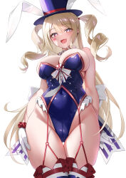 Rule 34 | 1girl, absurdres, animal ears, azur lane, bare shoulders, blonde hair, breasts, classic (zildjian33), cowboy shot, facial mark, fake animal ears, fang, female focus, from below, gloves, guam (azur lane), guam (stage-setting charmer) (azur lane), hat, heart, heart facial mark, highres, large breasts, leotard, long hair, official alternate costume, open mouth, playboy bunny, purple hat, purple leotard, rabbit ears, red garter straps, simple background, skin fang, solo, star-shaped pupils, star (symbol), strapless, strapless leotard, symbol-shaped pupils, top hat, undersized breast cup, very long hair, white background, white gloves
