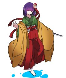 Rule 34 | 1girl, blunt bangs, flower, hair flower, hair ornament, hair ribbon, hakama, hakama skirt, hand up, hieda no akyuu, hiedanotsukai, highres, hime cut, holding, holding sword, holding weapon, japanese clothes, kimono, looking to the side, no shoes, off shoulder, pink eyes, purple hair, red ribbon, ribbon, simple background, skirt, sleeves past wrists, smile, solo, sword, sword in sleeve, tabi, touhou, transparent background, tsurime, weapon, white background