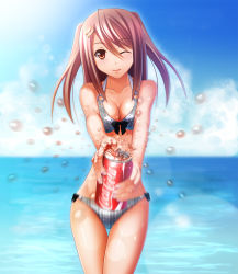 Rule 34 | 1girl, bad id, bad pixiv id, bare shoulders, bikini, blurry, blush, breasts, brown eyes, brown hair, can, cleavage, cloud, coca-cola, collarbone, day, depth of field, drink can, hair ornament, hairclip, hati (19870119hy), looking at viewer, medium breasts, ocean, one eye closed, opening, original, sky, smile, soda can, solo, swimsuit, thigh gap, thighs, twintails, water, wink