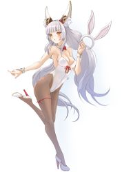 Rule 34 | 1girl, alternate costume, animal ear fluff, animal ears, blush, breasts, cleavage, collarbone, commentary request, deekei, detached collar, eyebrows, full body, high heels, highres, large breasts, leotard, long hair, low twintails, medium breasts, nia (blade) (xenoblade), nia (xenoblade), nintendo, niyah, pantyhose, playboy bunny, silver hair, solo, spoilers, twintails, very long hair, white background, wrist cuffs, xenoblade chronicles (series), xenoblade chronicles 2, xenoblade chronicles (series), xenoblade chronicles 2, yellow eyes