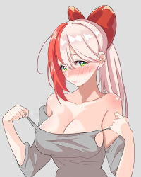 Rule 34 | 1girl, absurdres, bare shoulders, blush, bow, breasts, collarbone, dongtan dress, dress, earrings, green eyes, grey dress, grey jacket, hair between eyes, hair bow, highres, indie virtual youtuber, jacket, jewelry, large breasts, long hair, long sleeves, looking at viewer, meme attire, mole, mole on breast, mole under mouth, multicolored hair, no bra, nose blush, off shoulder, pink hair, ponytail, red bow, red hair, simple background, solo, split-color hair, strap pull, trashguy, ukon60 (vtuber), undressing, upper body, virtual youtuber