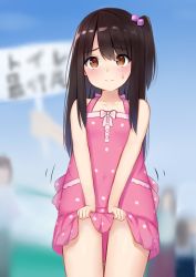 Rule 34 | 1girl, adachi tenka, bare shoulders, blurry, blurry background, blush, brown eyes, brown hair, child, closed mouth, collarbone, covered navel, cowboy shot, dress, dress tug, embarrassed, female focus, flat chest, hair bobbles, hair ornament, have to pee, highres, japanese text, kanekan, legs together, long hair, one side up, outdoors, pink dress, shoujo ramune, sleeveless, sleeveless dress, smile, solo, standing, sweat, thigh gap, translation request