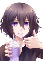 Rule 34 | 1girl, absurdres, black shirt, brown hair, closed mouth, cup, grimace shake (meme), highres, holding, holding cup, levana violette (lusan666), lusan666, meme, original, purple eyes, shirt, short hair, solo, t-shirt, thumbs up, white background