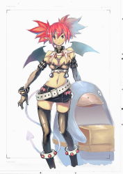 Rule 34 | 1girl, aged up, alternate breast size, anklet, bad id, bad pixiv id, bare shoulders, bat wings, belt, bird, black gloves, black thighhighs, bracelet, breasts, cleavage, collar, demon girl, demon tail, disgaea, earrings, elbow gloves, etna (disgaea), gloves, jewelry, kendo (artist), large breasts, midriff, miniskirt, nippon ichi, penguin, pointy ears, prinny, red hair, skirt, strapless, tail, thighhighs, tube top, twintails, white background, wings