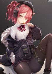 Rule 34 | 1girl, :p, blouse, breasts, candy, collared shirt, commission, food, girls&#039; frontline, gun, h&amp;k mp7, highres, lollipop, mp7 (girls&#039; frontline), nekoya (liu), pantyhose, red hair, shirt, small breasts, solo, submachine gun, tongue, tongue out, weapon, white shirt