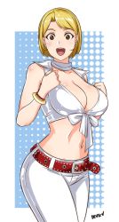 Rule 34 | 1girl, alternate costume, ashley graham, blonde hair, breasts, brown eyes, capcom, devil-v, front-tie top, highres, large breasts, legs, looking at viewer, midriff, navel, open mouth, pants, resident evil, resident evil 4, shirt, short hair, smile, solo, thighs, white shirt
