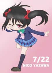 Rule 34 | 1girl, absurdres, artist name, artist request, bare legs, black footwear, black hair, black legwear, blue jacket, blue skirt, blush, bow, bowtie, cardigan, chibi, collared shirt, female focus, full body, green bow, green bowtie, hair bow, highres, jacket, kurousanoko, long sleeves, looking at viewer, love live!, love live! school idol project, miniskirt, nico nico nii, otonokizaka school uniform, outstretched arms, parted lips, pink cardigan, pink shirt, red bow, red eyes, school uniform, shirt, shoes, short hair, skirt, smile, solo, standing, standing on one leg, striped bow, striped bowtie, striped clothes, twintails, yazawa nico