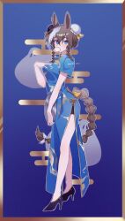 Rule 34 | 1girl, alternate costume, animal ears, baozi, black footwear, black shorts, blue background, blue dress, blue eyes, border, braided tail, breasts, cheval grand (umamusume), china dress, chinese clothes, commentary request, double bun, dress, ear piercing, egasumi, food, food in mouth, full body, gold trim, hair between eyes, hair bun, hand on own chest, highres, holding, holding tray, horse ears, horse girl, horse tail, medium breasts, multicolored hair, piercing, renma (renma 0503), short sleeves, shorts, solo, streaked hair, tail, tray, twitter username, umamusume, white hair