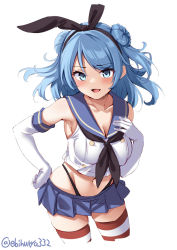 Rule 34 | 1girl, alternate costume, black hairband, black neckerchief, black panties, blue eyes, blue hair, blue sailor collar, blue skirt, blush, breasts, cleavage, collarbone, cosplay, cowboy shot, crop top, double bun, ebifurya, elbow gloves, gloves, hair between eyes, hair bun, hairband, highleg, highleg panties, highres, jewelry, kantai collection, large breasts, long hair, looking at viewer, microskirt, navel, neckerchief, necklace, panties, sailor collar, school uniform, serafuku, shimakaze (kancolle), shimakaze (kancolle) (cosplay), simple background, skirt, solo, striped clothes, striped thighhighs, sweat, thighhighs, thighs, thong, twitter username, underwear, urakaze (kancolle), white background, white gloves, zettai ryouiki