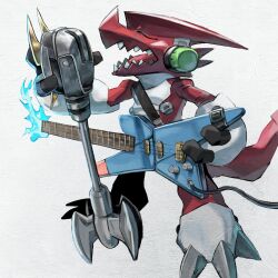 Rule 34 | absurdres, claws, digimon, digimon (creature), electric guitar, guitar, highres, instrument, microphone, sharp teeth, shoutmon, solo, tail, teeth