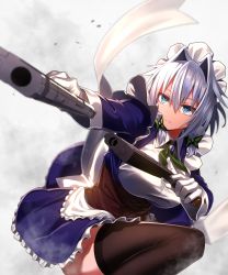 Rule 34 | 1girl, apron, black thighhighs, blue bow, blue dress, blue eyes, bodice, bow, braid, breasts, closed mouth, corset, dress, dual wielding, framed breasts, frilled dress, frills, gloves, greenkohgen, grey hair, gun, highres, holding, holding gun, holding weapon, izayoi sakuya, large breasts, long sleeves, maid, maid headdress, smoke, solo, thighhighs, touhou, twin braids, weapon, white apron, white gloves