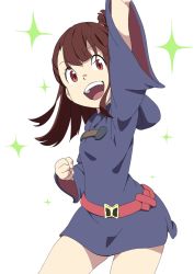 Rule 34 | 1girl, 2017, anime coloring, arm up, arms up, asymmetrical bangs, belt, brown hair, clenched hand, contrapposto, cowboy shot, facebook, gem (symbol), happy, highres, hood, kagari atsuko, little witch academia, long hair, long sleeves, looking at viewer, luna nova school uniform, open mouth, pale skin, ponytail, red eyes, school uniform, simple background, solo, standing, tagme, teeth, textless version, tongue, triangle bullet, white background, witch