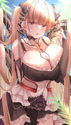 Rule 34 | 1girl, absurdly long hair, absurdres, azur lane, between breasts, black dress, black ribbon, blue sky, blurry, blurry background, breasts, cleavage, clothing cutout, collarbone, cowboy shot, detached collar, dress, formidable (azur lane), frilled dress, frills, gem, gothic lolita, hair ribbon, highres, huge breasts, jewelry, light brown hair, lolita fashion, long hair, long sleeves, looking at viewer, necktie, necktie between breasts, open mouth, outdoors, parted lips, red eyes, red gemstone, ribbon, sera4, shoulder cutout, sky, sleeves past wrists, solo, standing, twintails, two-tone dress, very long hair, white necktie, white ribbon