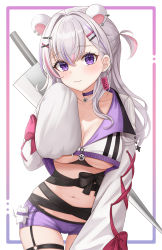 Rule 34 | 1girl, :3, animal ears, animal hands, breasts, choker, cleavage, closed mouth, collarbone, gloves, hair ornament, hairclip, highres, indie virtual youtuber, long hair, long sleeves, looking at viewer, medium breasts, navel, paw gloves, pink hair, pora 0918, purple choker, purple eyes, purple hair, purple shorts, short shorts, shorts, silver hair, smile, solo, sword, underboob, virtual youtuber, weapon, weapon on back, white gloves, white sleeves, x hair ornament, xiho (vtuber)