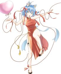 Rule 34 | 1girl, ahoge, alternate costume, alternate hairstyle, animal ear fluff, animal ears, balloon, bangle, bell, black footwear, blue eyes, blue hair, blush, bracelet, braid, breasts, china dress, chinese clothes, dog ears, dog girl, dress, full body, heart balloon, highres, jewelry, jingle bell, leg up, looking at viewer, lovermoonlight, medium bangs, medium breasts, nanashi inc., neck bell, open mouth, red dress, shoes, short hair, smile, solo, souya ichika, standing, standing on one leg, thigh strap, twin braids, virtual youtuber