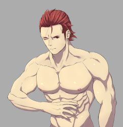 Rule 34 | 1boy, abs, closed mouth, fire emblem, fire emblem fates, fire emblem heroes, hand up, highres, looking to the side, male focus, muscular, muscular male, nintendo, pectorals, red eyes, red hair, saizo (fire emblem), scar, scar across eye, scar on face, topless male, simple background, upper body, wasabi kame